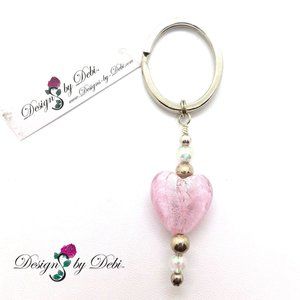 Pink Glass Heart and Silver Keychain
